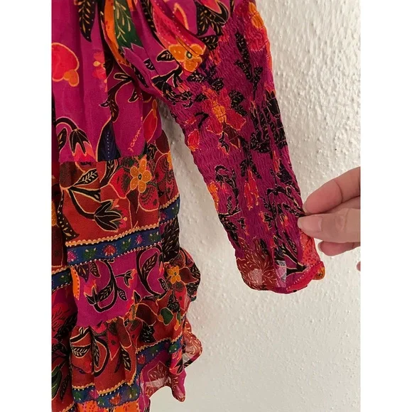 Farm Rio Tropical Tapestry Long-Sleeve Tiered Mini Dress Boho Small - Picture 9 of 13